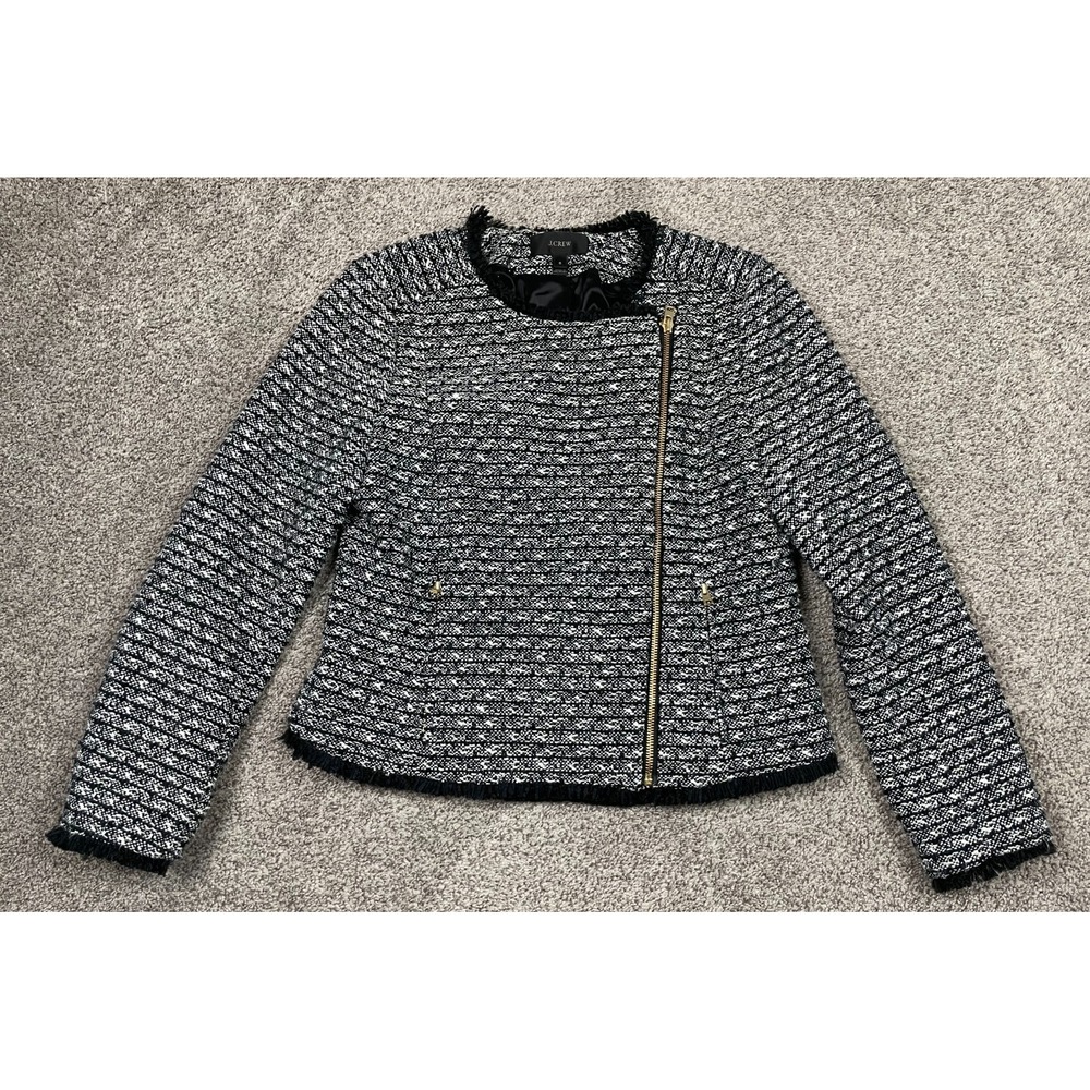 J Crew Blazer Womens 6 Boucle Tweed Jacket Moto Zipper Wool Academia Preppy Top